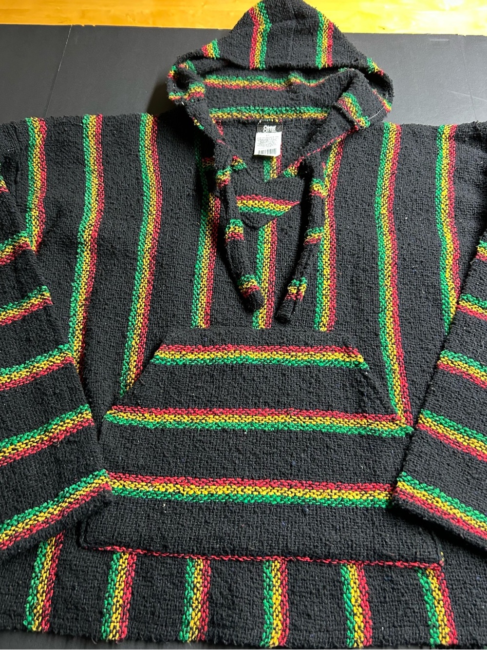 Baja Hooded Pullover with Red, Yellow & Green Stripes, size Small